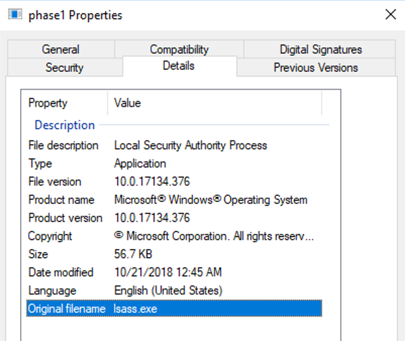Image of the properties of phase1.exe after reimaging is executed