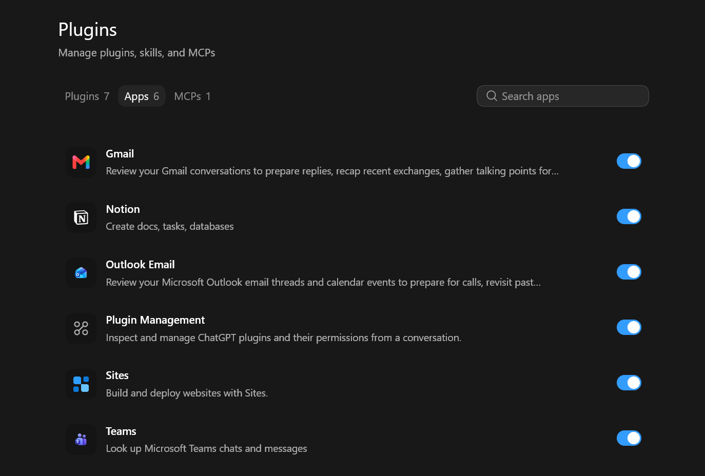 Figure 3 — The Apps tab under Manage, showing the six Apps connected to my account.