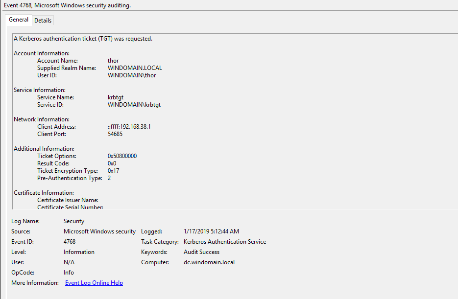 Windows Event ID 4768: Kerberos authentication ticket (TGT) was requested