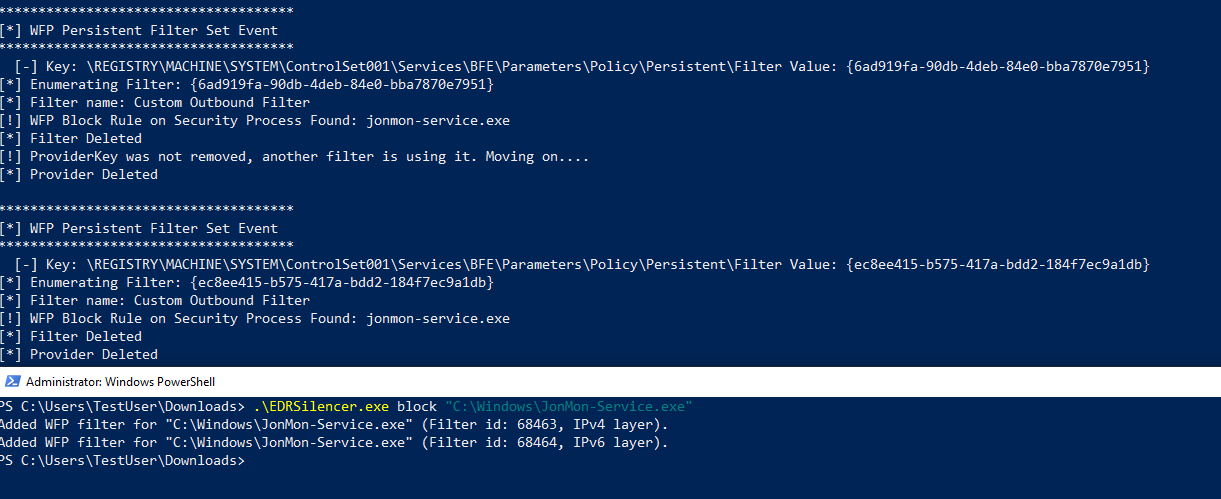 Figure 11: Example of malicious WFP filters being removed in real-time