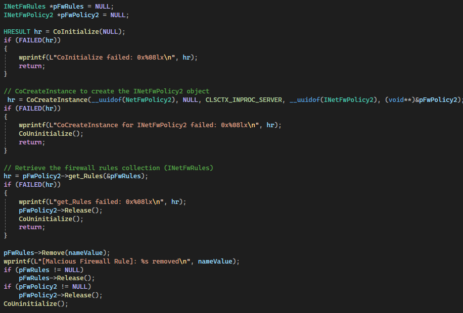 Figure 8: Code example for INetFwRules::Remove