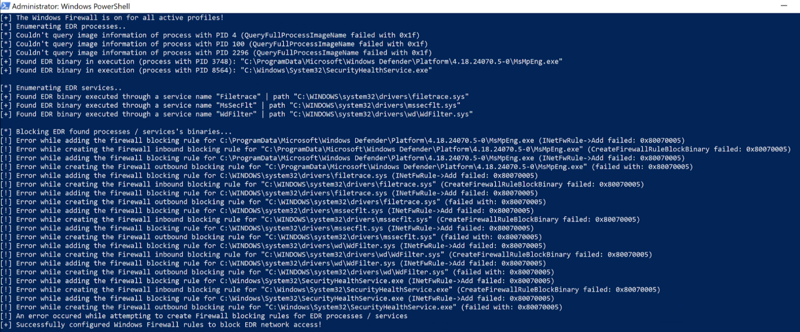 Figure 6: EDRSandblast failing to create firewall rules