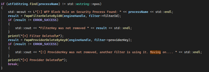 Figure 10: Code example of removing malicious WFP filters and providers