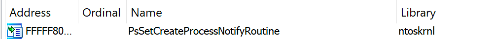 Imports view of Event Registration Mechanism — PsSetCreateProcessNotifyRoutine