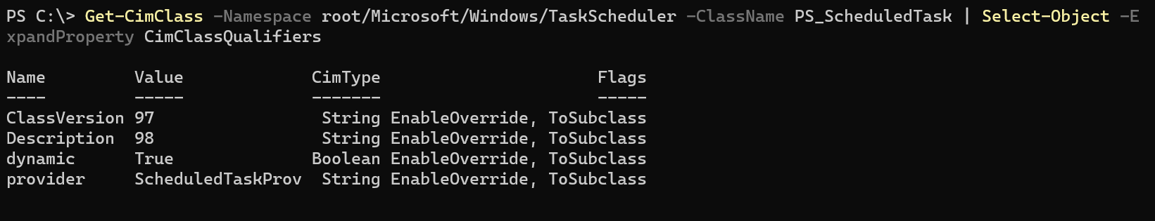 Get-CimClass -Namespace root/Microsoft/Windows/TaskScheduler -ClassName PS_ScheduledTask | Select-Object -ExpandProperty CimClassQualifiers